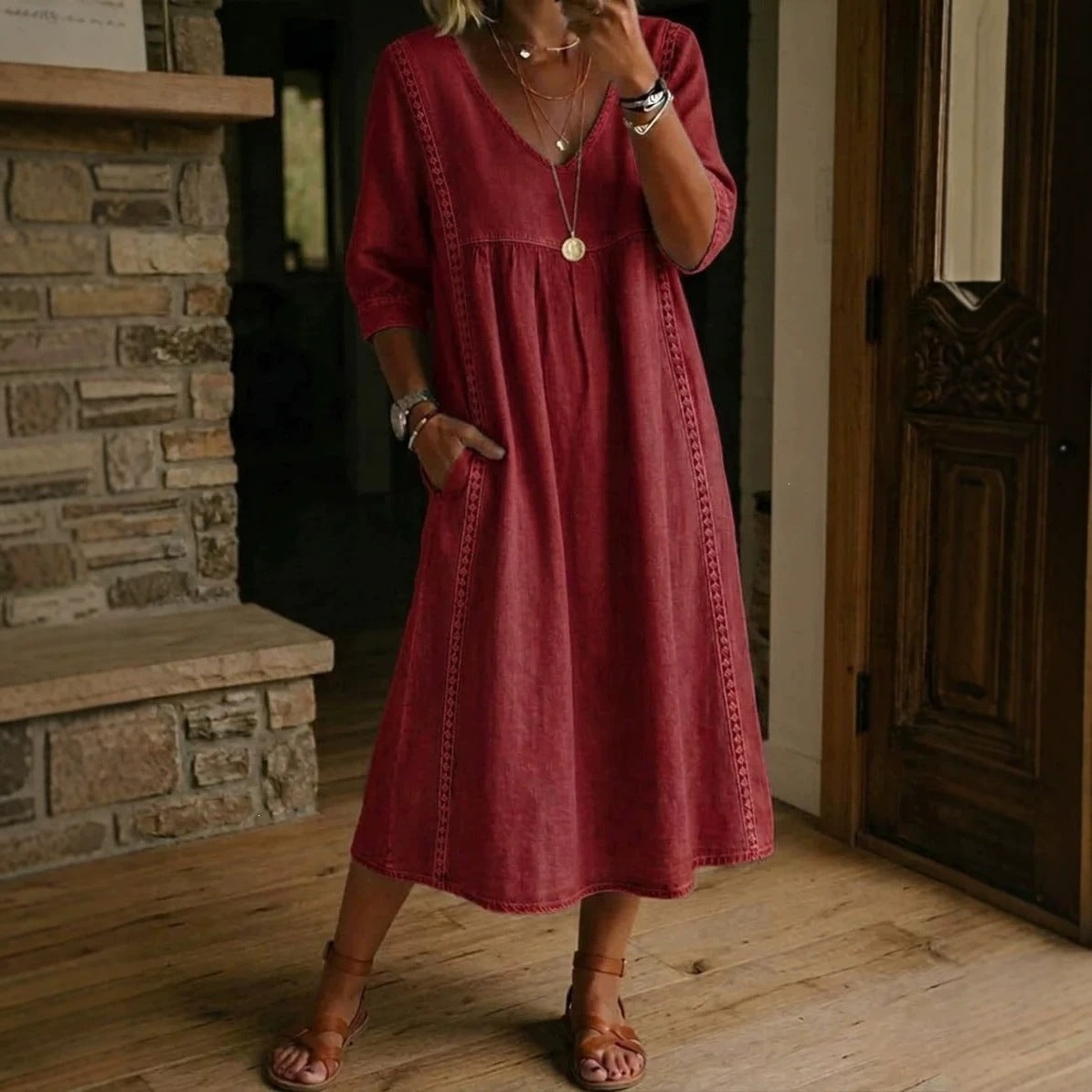 Women Cotton Linen V-Neck Loose A-Line Midi Dress