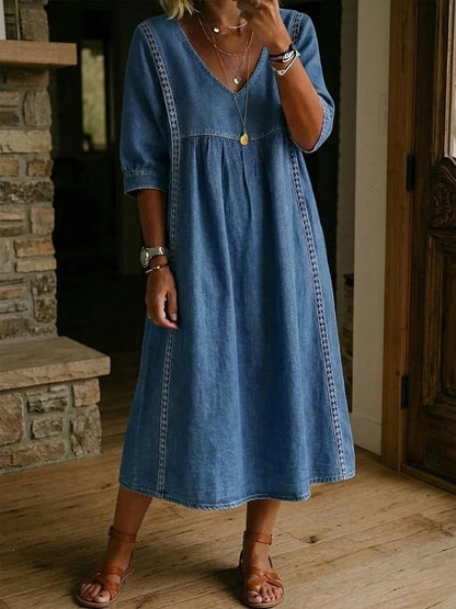 Women Cotton Linen V-Neck Loose A-Line Midi Dress