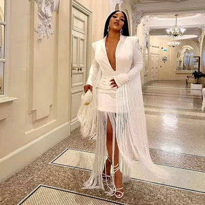 Women Deep V Sexy Waist Tight Long Sleeve Fringe Dress