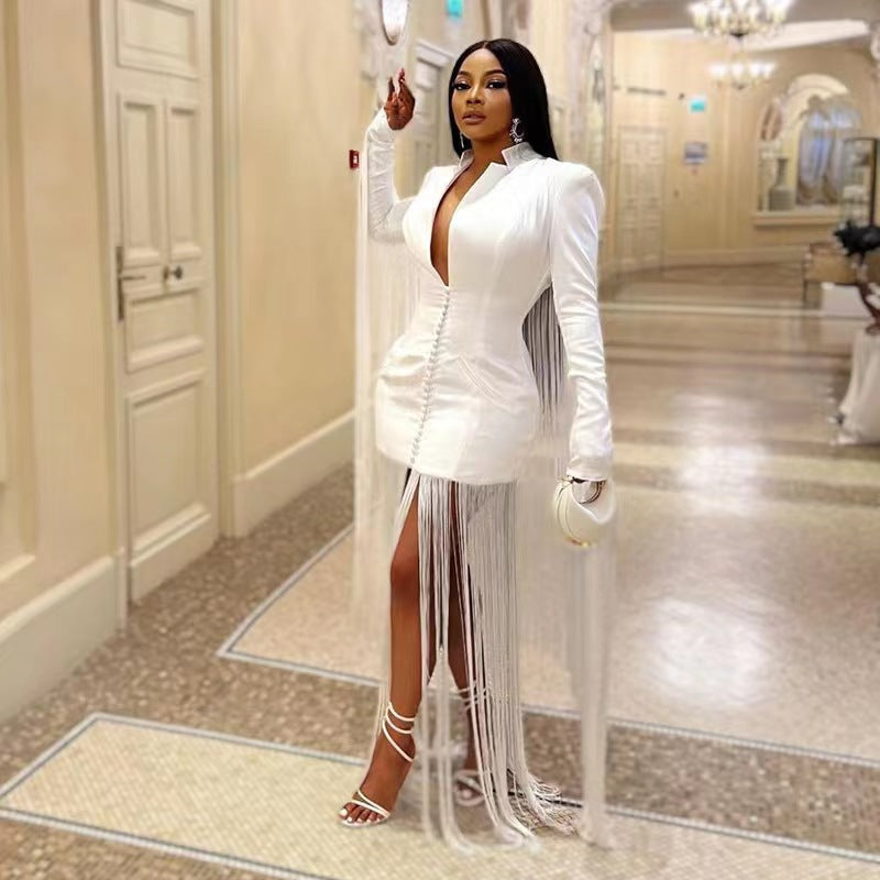 Women Deep V Sexy Waist Tight Long Sleeve Fringe Dress