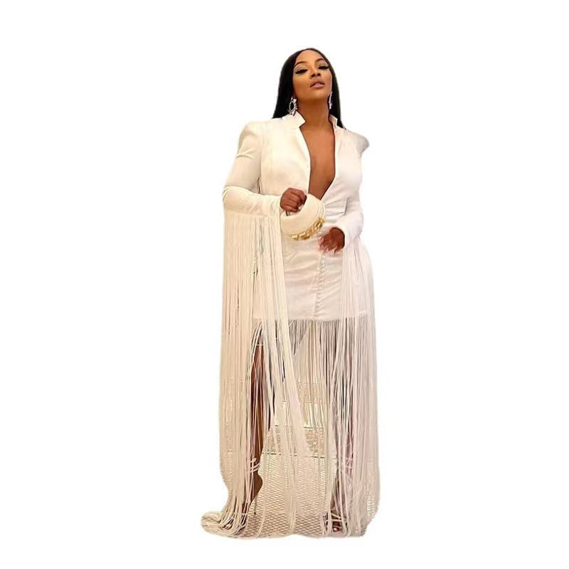 Women Deep V Sexy Waist Tight Long Sleeve Fringe Dress