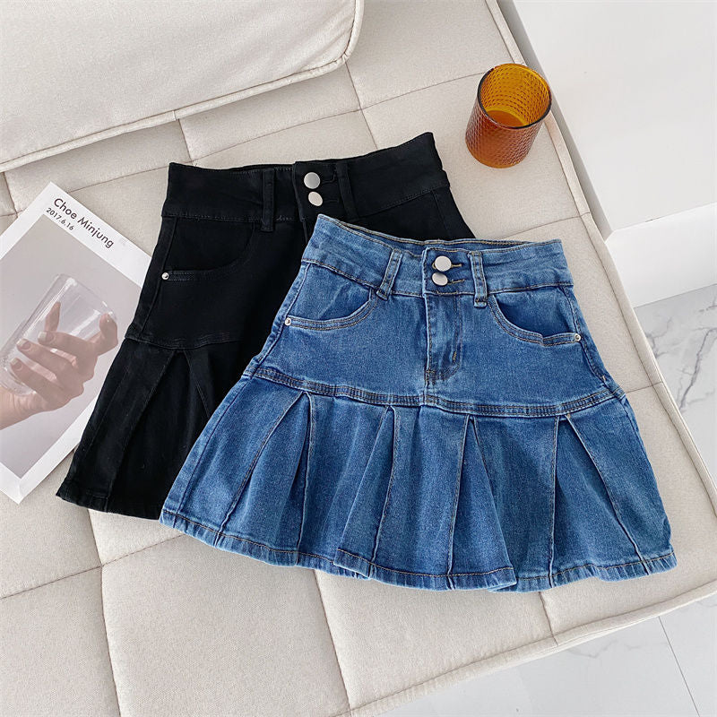 Women Denim High Waist Pleated A Line Skirt