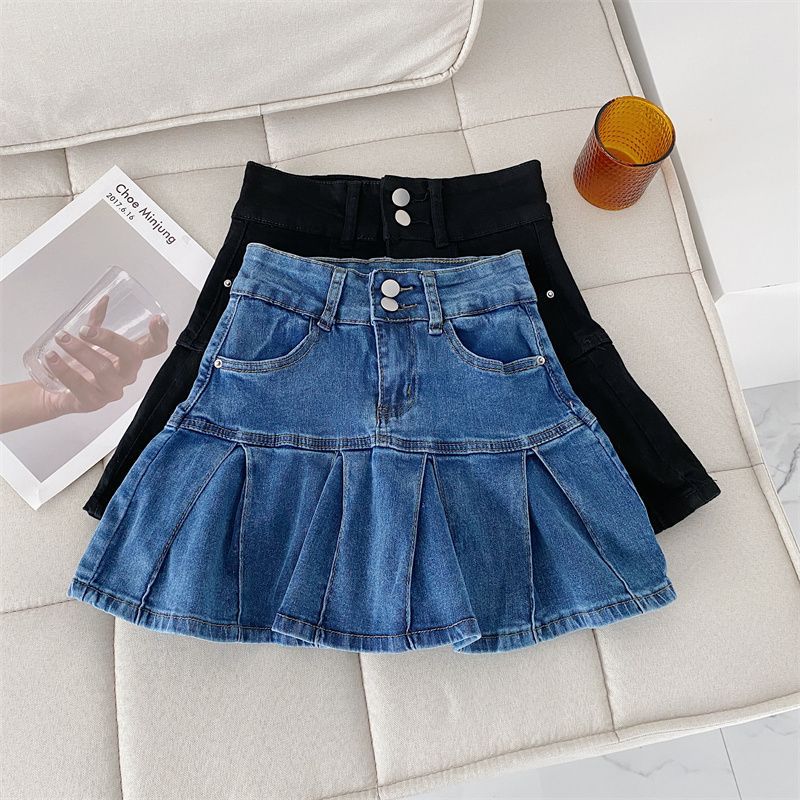 Women Denim High Waist Pleated A Line Skirt