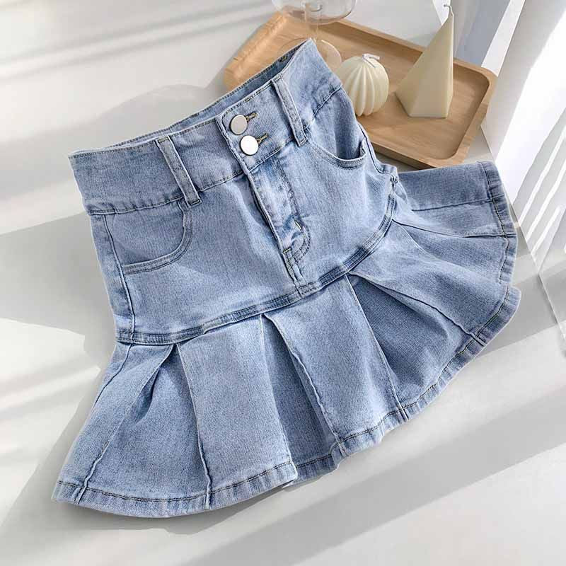 Women Denim High Waist Pleated A Line Skirt