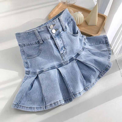 Women Denim High Waist Pleated A Line Skirt