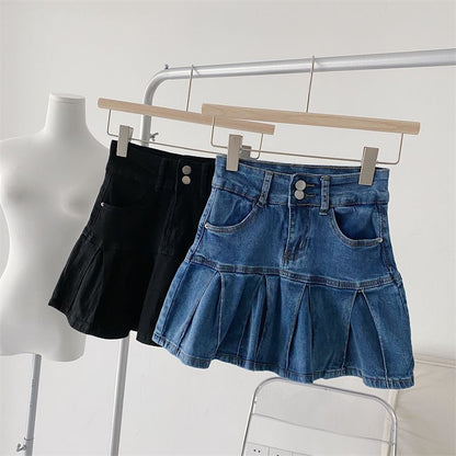 Women Denim High Waist Pleated A Line Skirt
