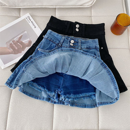 Women Denim High Waist Pleated A Line Skirt