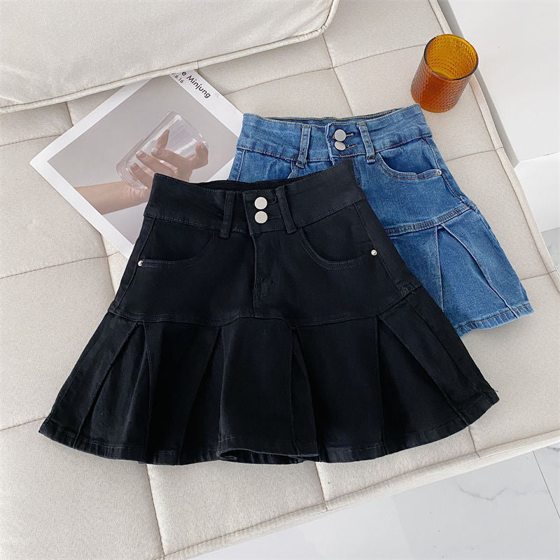 Women Denim High Waist Pleated A Line Skirt
