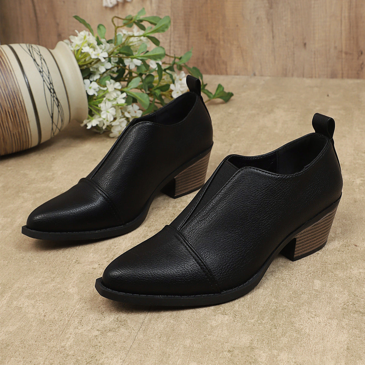 Women Elastic Chelsea Chunky Heel Pointed Toe Shoes