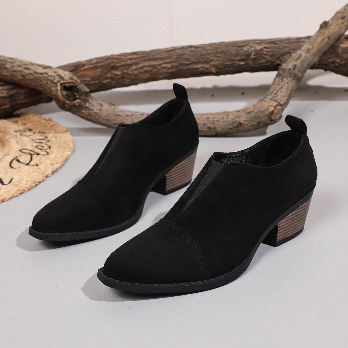 Women Elastic Chelsea Chunky Heel Pointed Toe Shoes