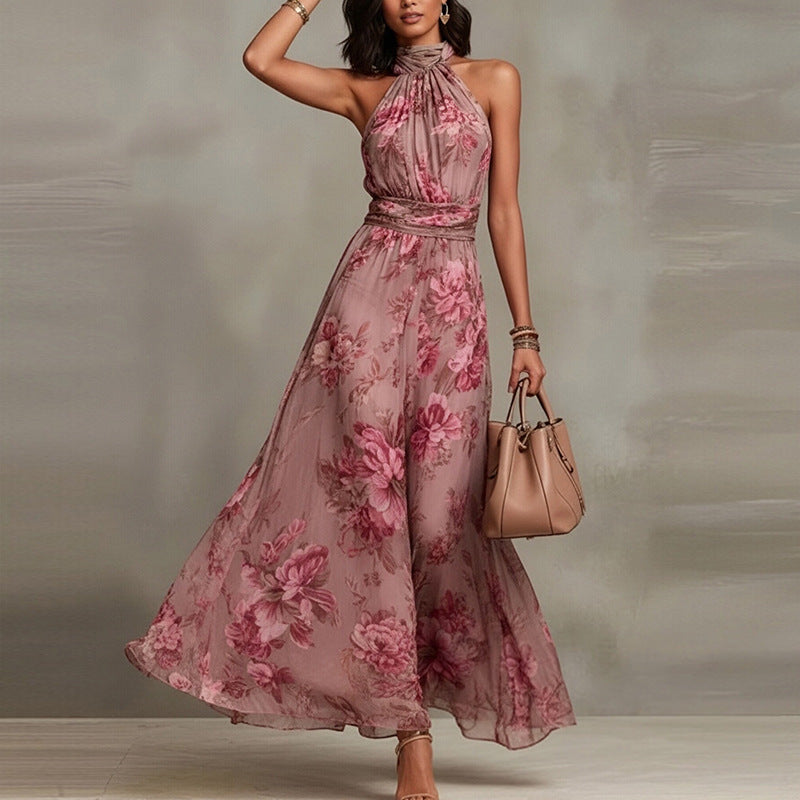 Women Elegant Print Halter Neck Waist-Cinching Dress