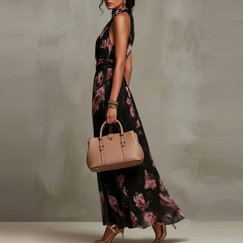 Women Elegant Print Halter Neck Waist-Cinching Dress