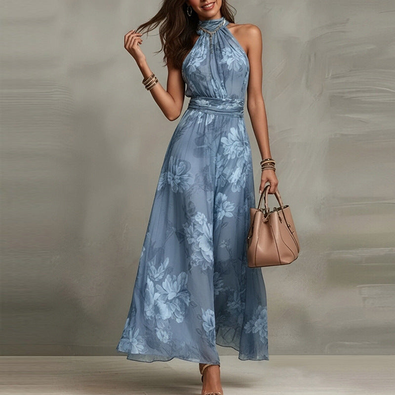 Women Elegant Print Halter Neck Waist-Cinching Dress