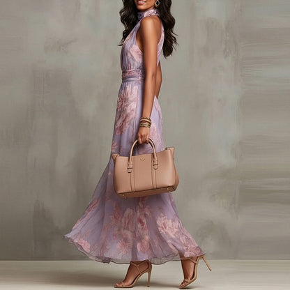 Women Elegant Print Halter Neck Waist-Cinching Dress