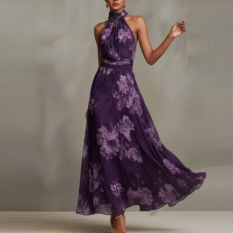 Women Elegant Print Halter Neck Waist-Cinching Dress