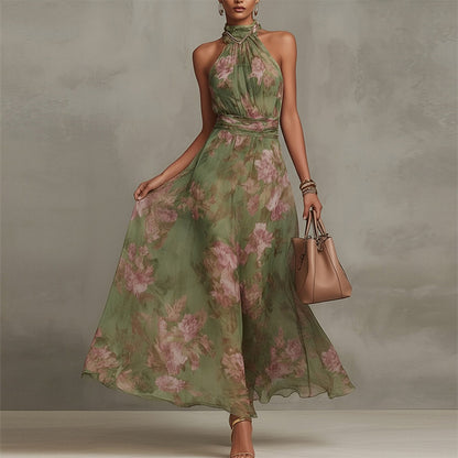 Women Elegant Print Halter Neck Waist-Cinching Dress