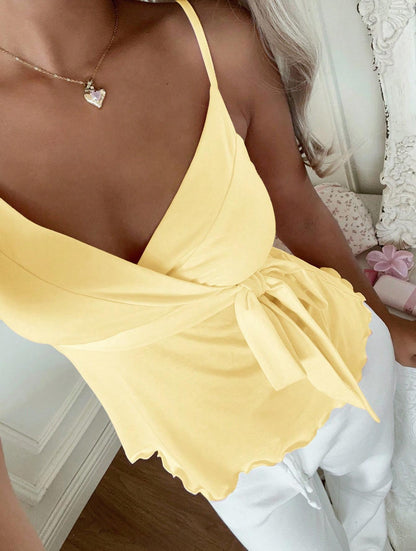 Women Fashion Camisole Waist Tie Design Slim Fit Elegant Tops