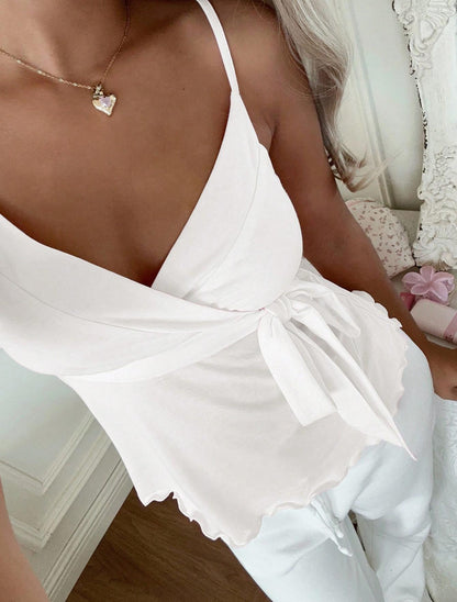 Women Fashion Camisole Waist Tie Design Slim Fit Elegant Tops