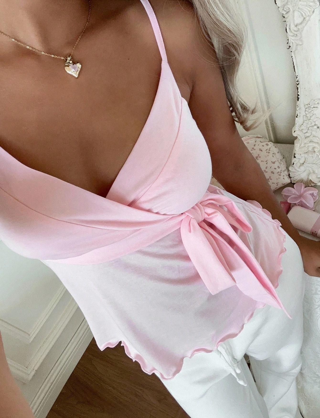 Women Fashion Camisole Waist Tie Design Slim Fit Elegant Tops