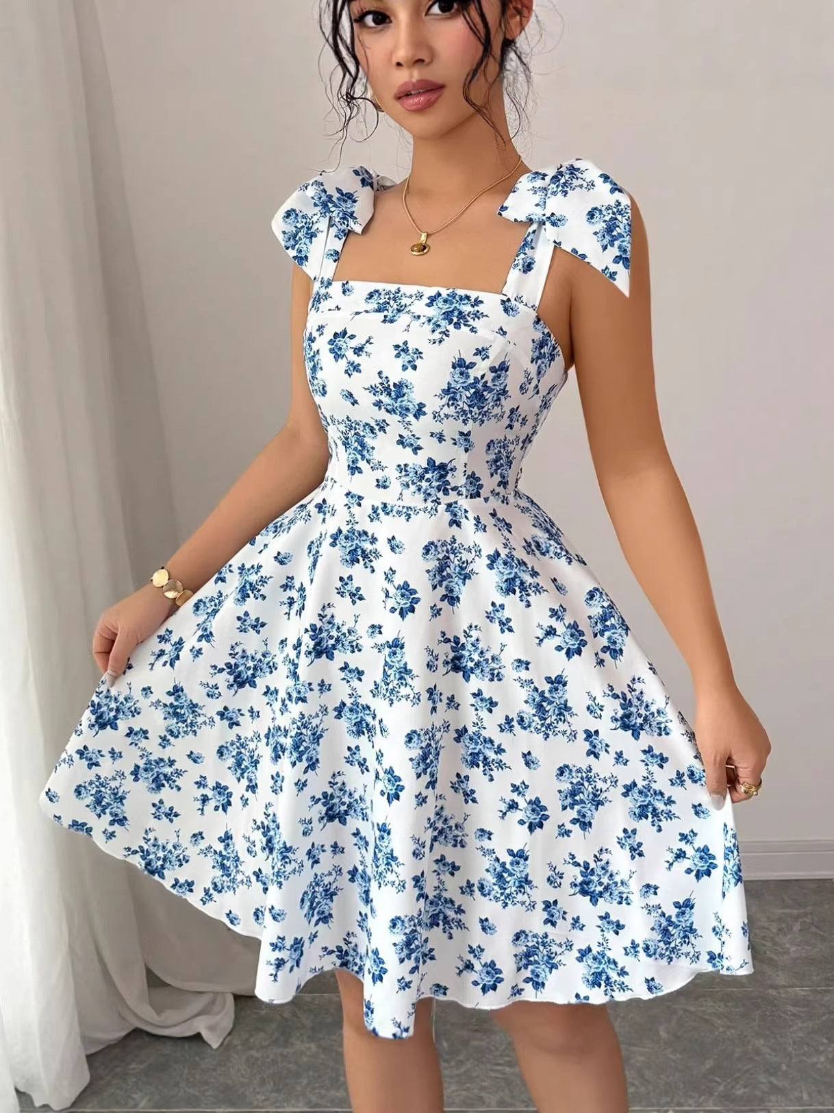 Women French Floral Print Sleeveless Dress Summer