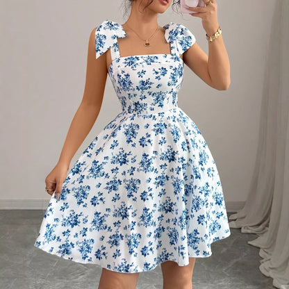 Women French Floral Print Sleeveless Dress Summer
