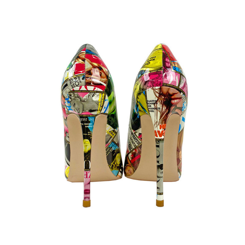 Women Graffiti Pointed Toe Stiletto Heel PU Single Shoes