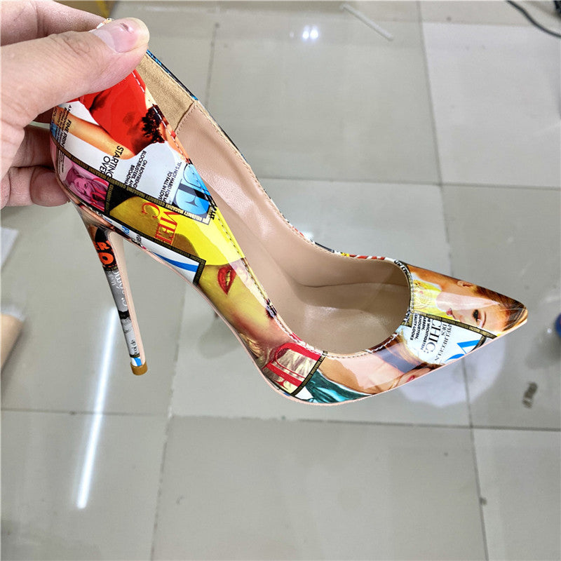 Women Graffiti Pointed Toe Stiletto Heel PU Single Shoes