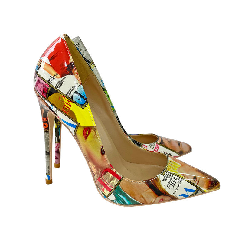 Women Graffiti Pointed Toe Stiletto Heel PU Single Shoes