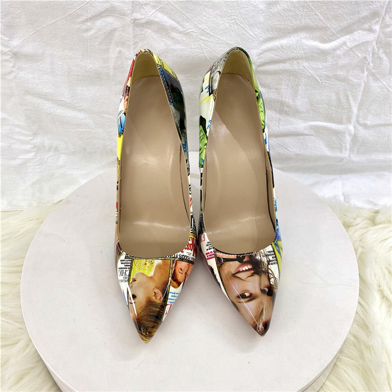 Women Graffiti Pointed Toe Stiletto Heel PU Single Shoes