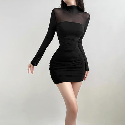 Women Half Turtleneck Mesh Long Sleeve Dress