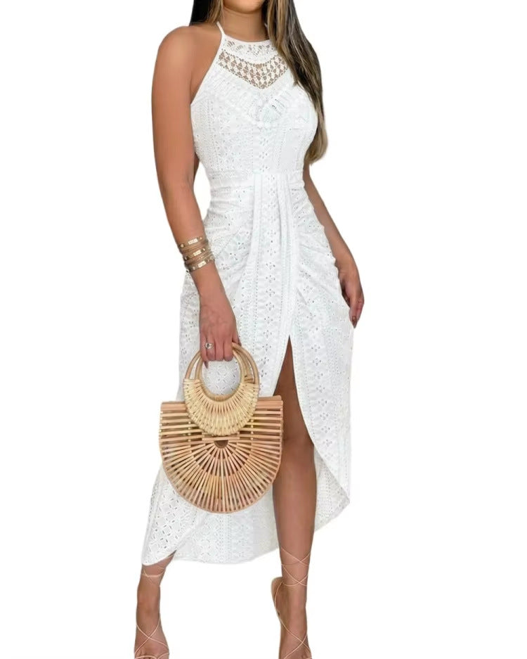 Women Halter Neck Irregular Hem Dress
