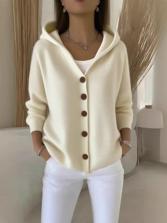Women Hooded Knitted Cardigan Solid Color Loose Sweater Jacket