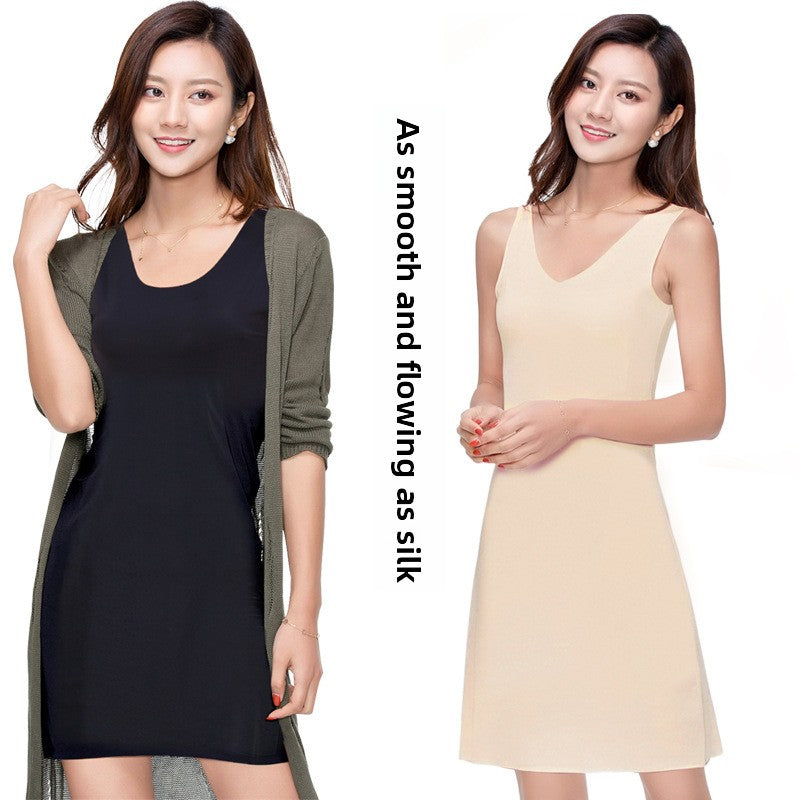 Women Ice Silk Seamless Vest Dress Ultra-thin Loose Slip Nightgown