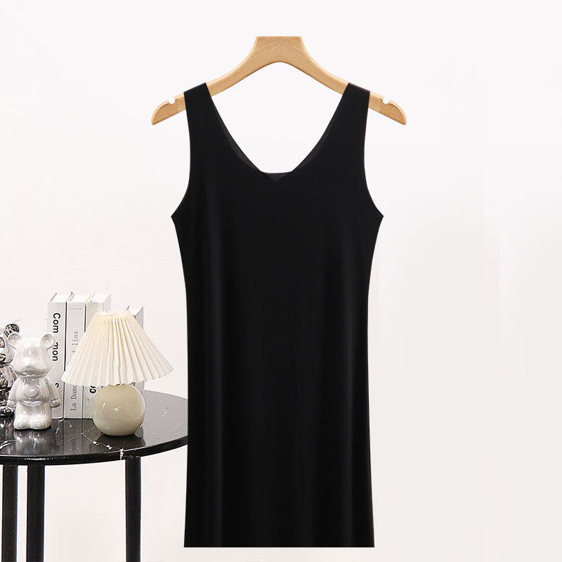 Women Ice Silk Seamless Vest Dress Ultra-thin Loose Slip Nightgown