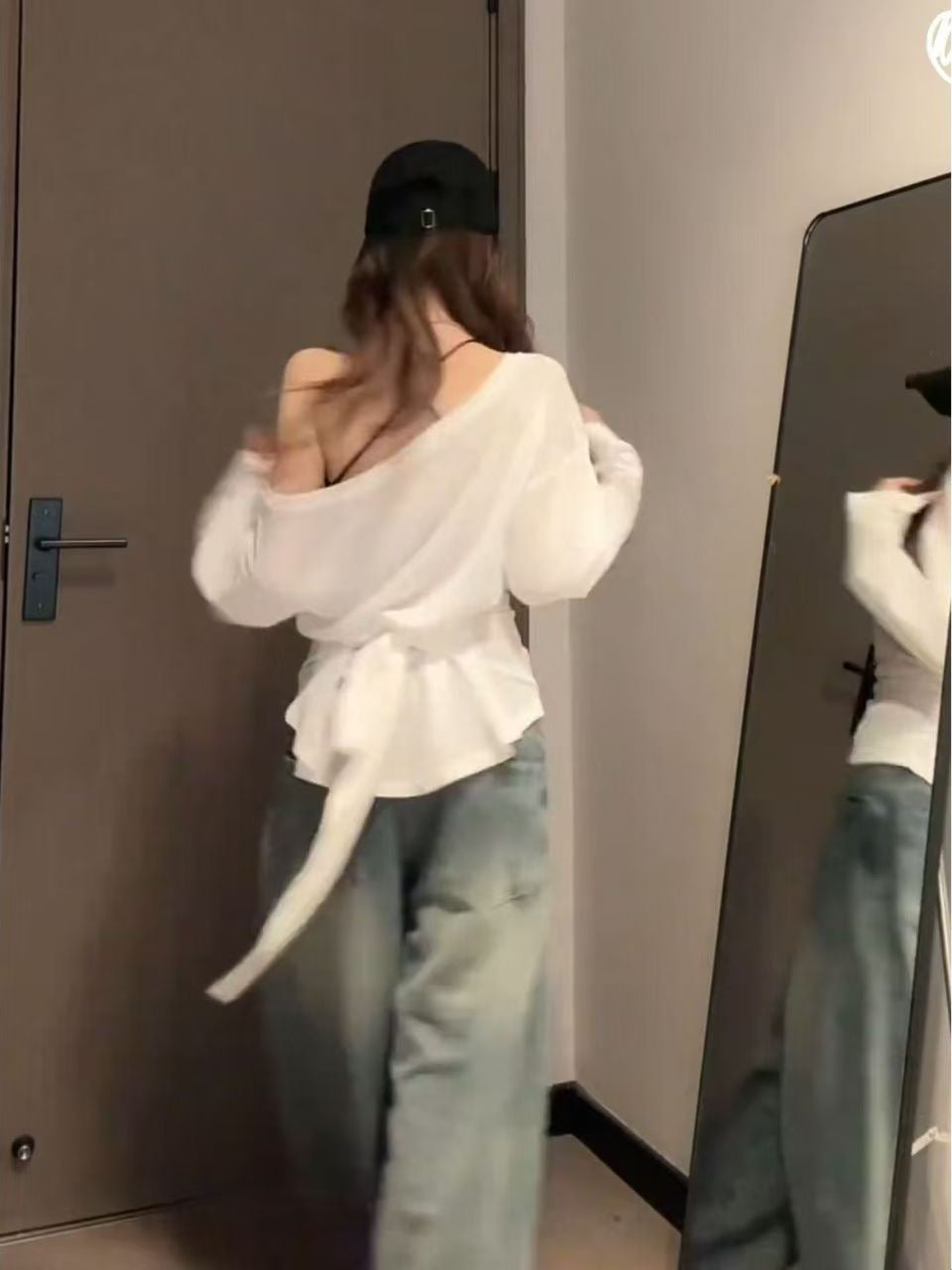 Women Off Shoulder Strap Waist Long Sleeve Slim Top