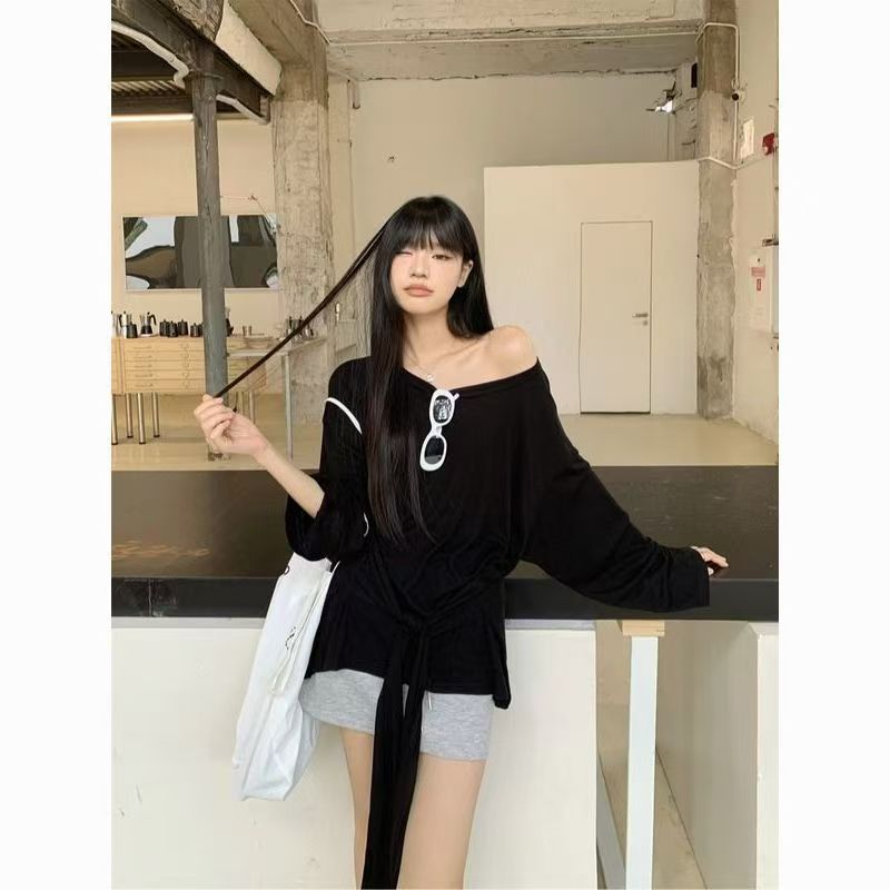 Women Off Shoulder Strap Waist Long Sleeve Slim Top