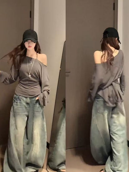 Women Off Shoulder Strap Waist Long Sleeve Slim Top