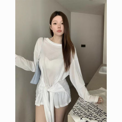 Women Off Shoulder Strap Waist Long Sleeve Slim Top