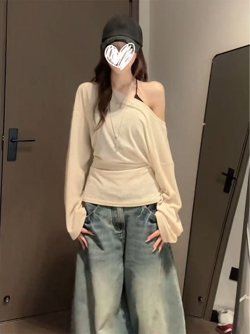 Women Off Shoulder Strap Waist Long Sleeve Slim Top