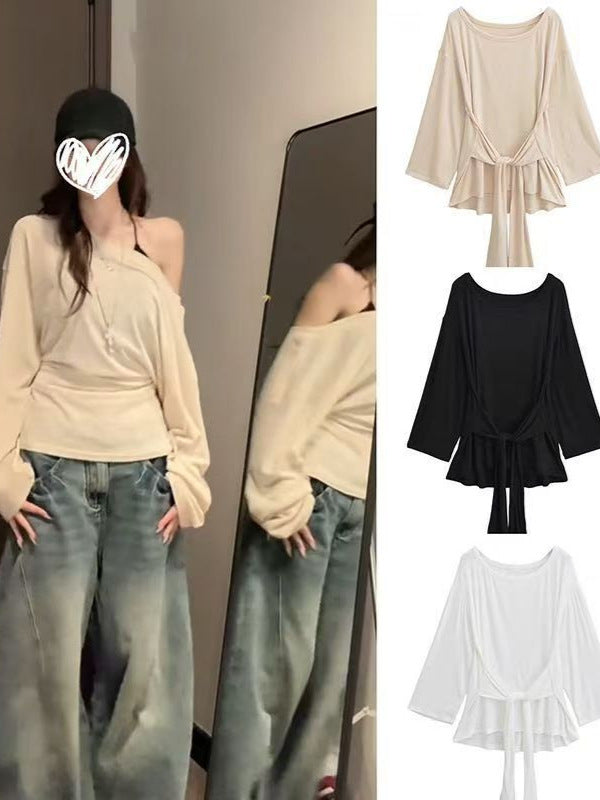 Women Off Shoulder Strap Waist Long Sleeve Slim Top