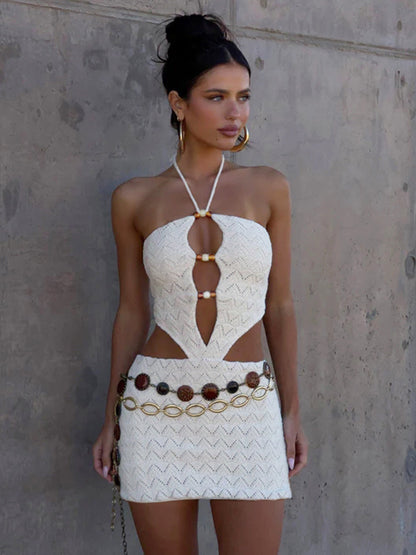 Women Pearl Necklace Backless Bodycon Dress