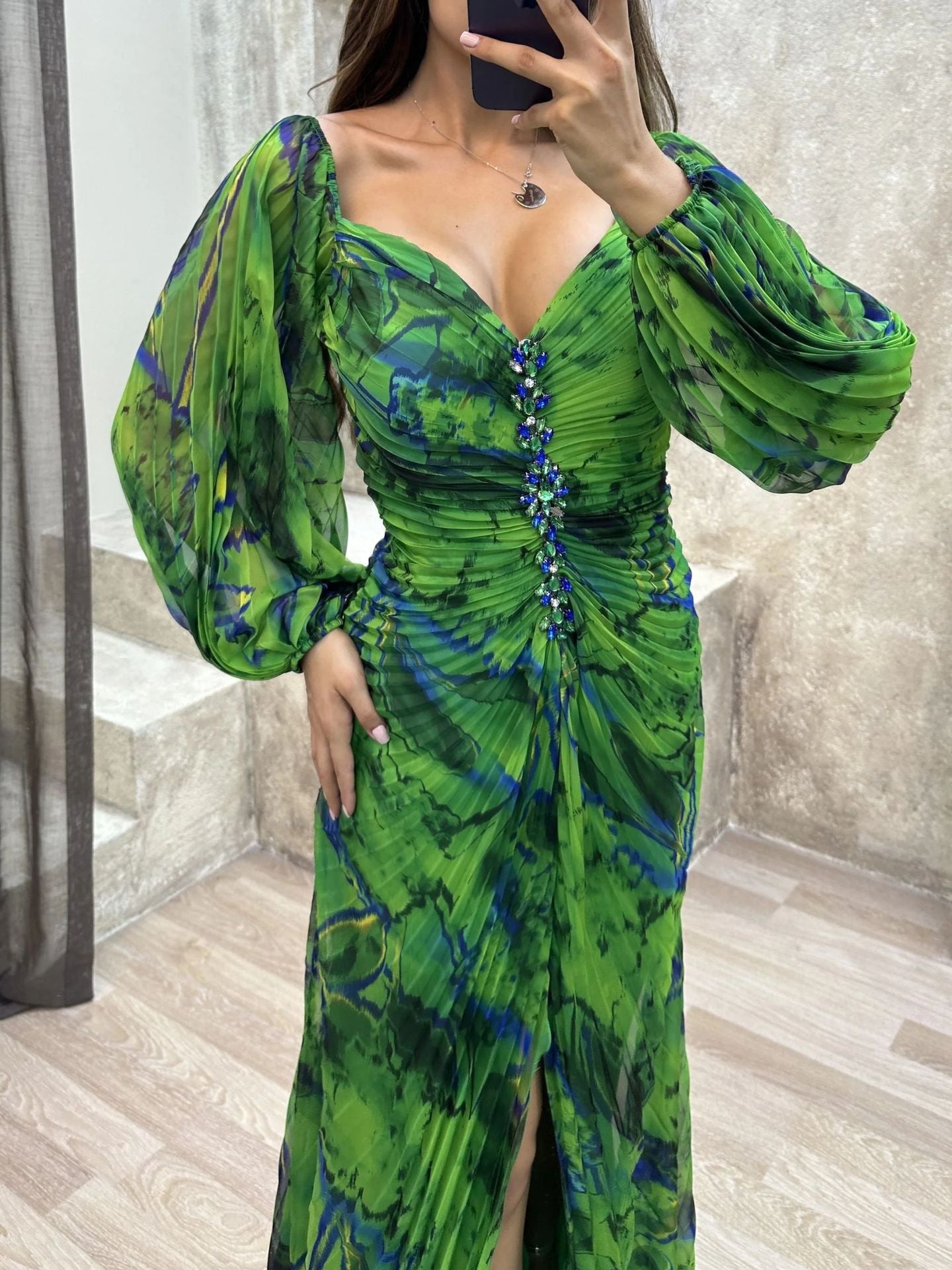 Women Pleated Long Sleeve V-Neck Dress