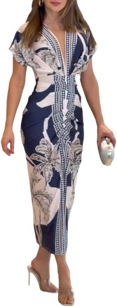 Women Printed V-Neck Slit Dress