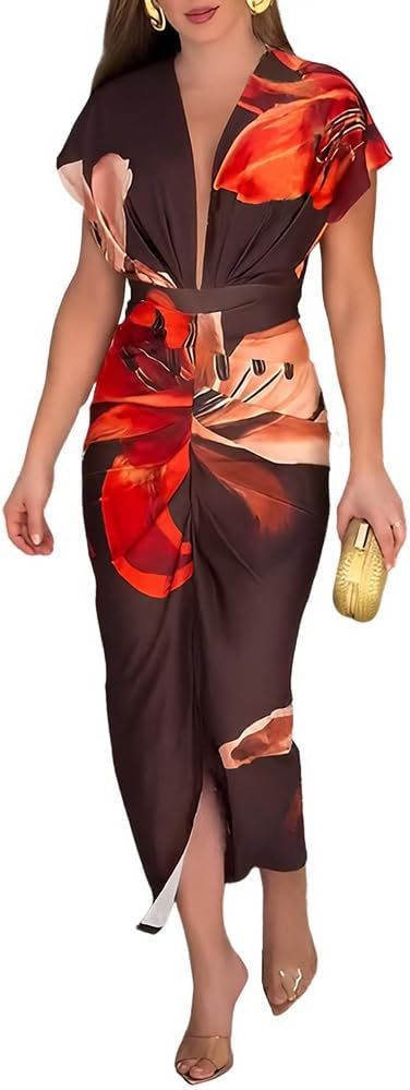 Women Printed V-Neck Slit Dress