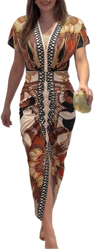 Women Printed V-Neck Slit Dress