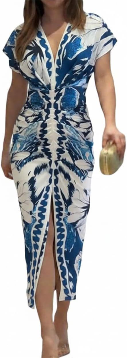 Women Printed V-Neck Slit Dress