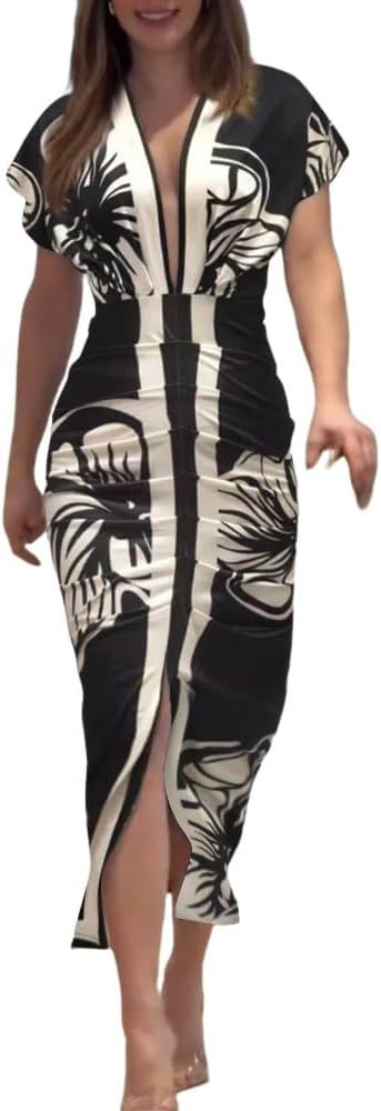 Women Printed V-Neck Slit Dress
