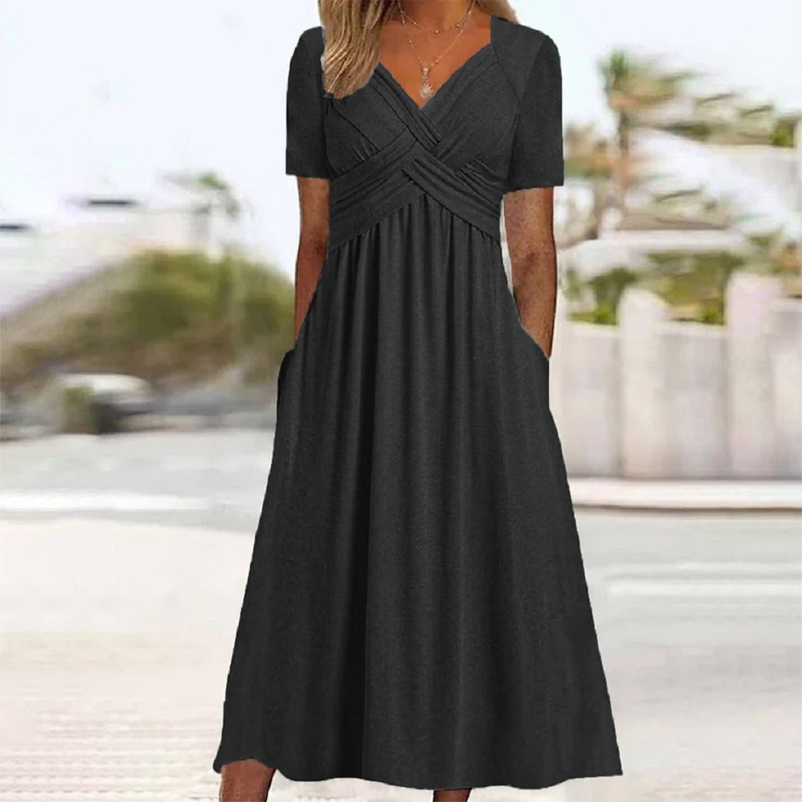 Women Pullover Round Neck Short Sleeve Dress