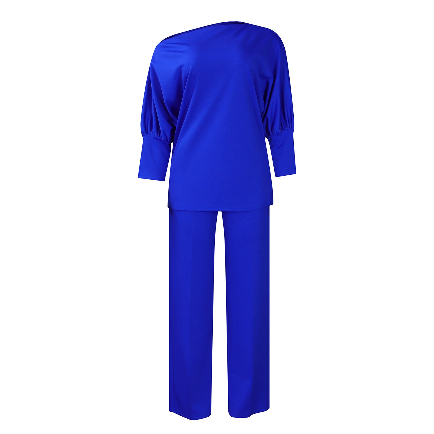 Women Pure Color Slope Collar Top Wide Leg Pants Suit