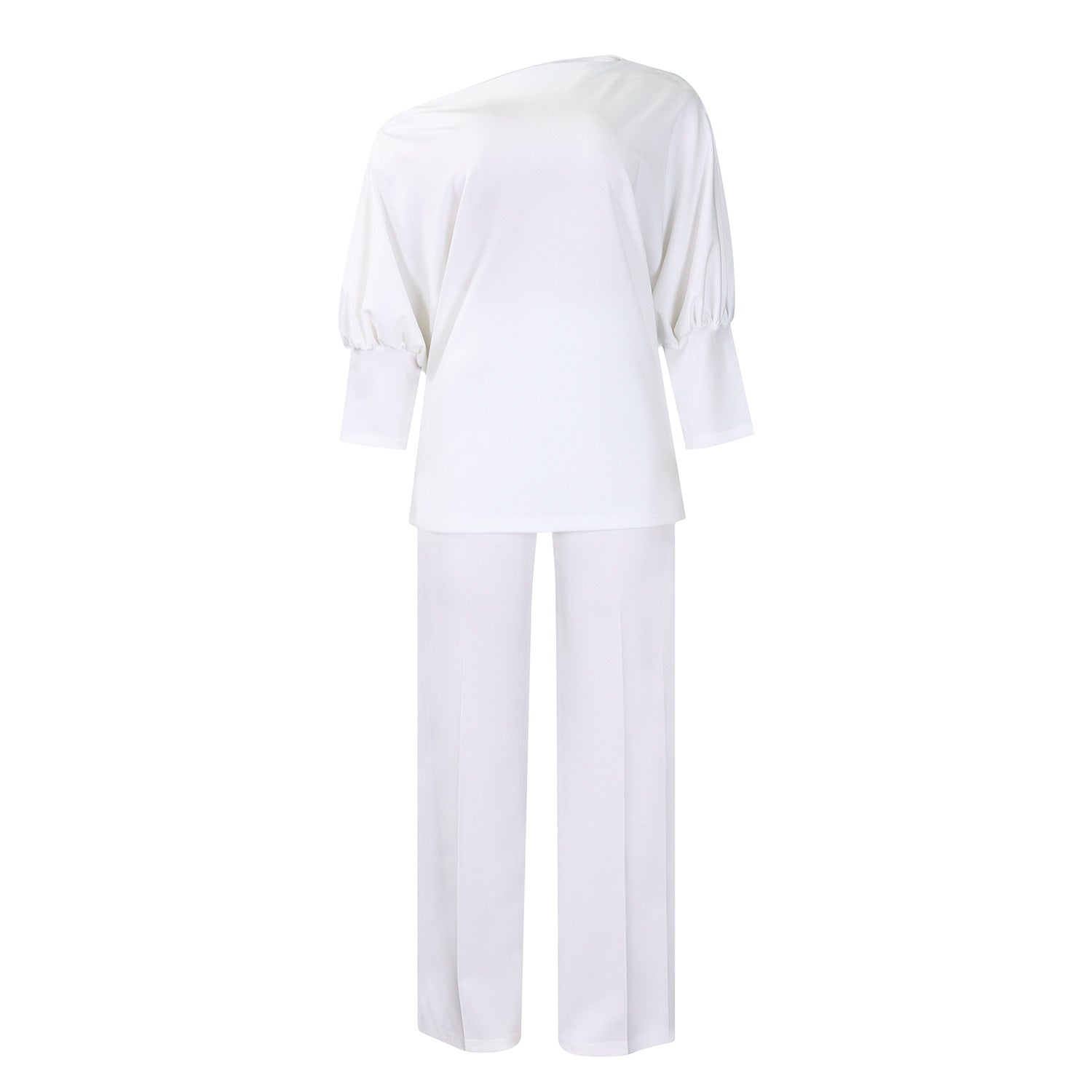 Women Pure Color Slope Collar Top Wide Leg Pants Suit